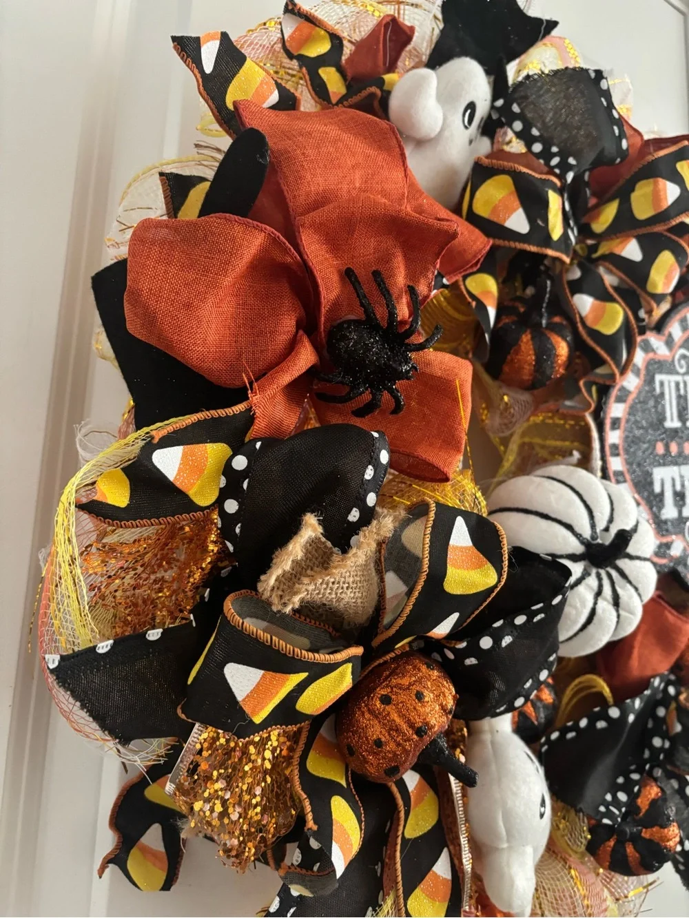 Handmade Halloween Trick or Treat Wreath Ghosts Orange Black White Final Sale